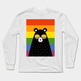 Gay Pride Bear In Sunglasses With Rainbow Flag Long Sleeve T-Shirt